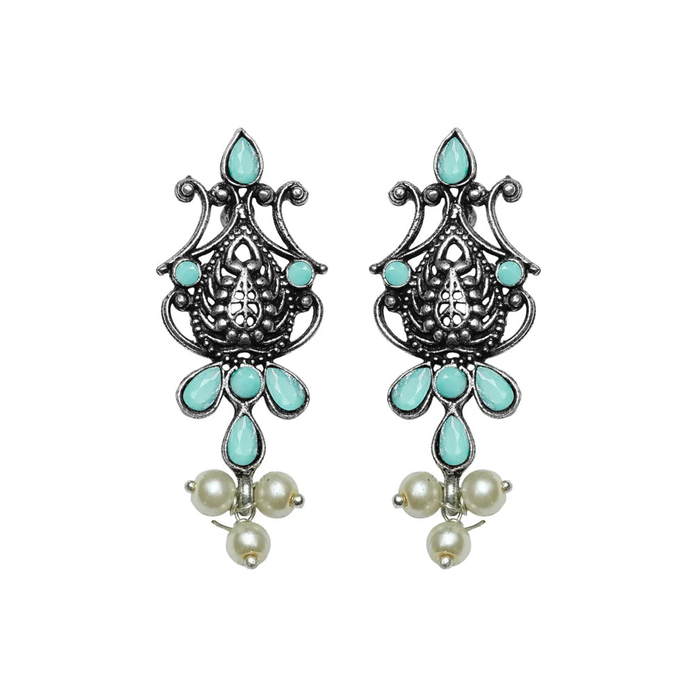Flower motif hanging pearls dangler earring (Mint)
