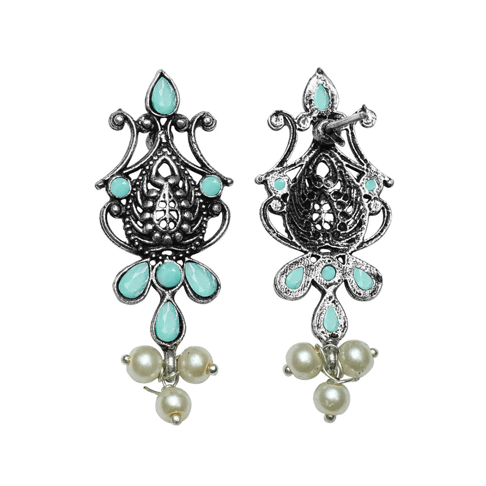 Flower motif hanging pearls dangler earring (Mint)