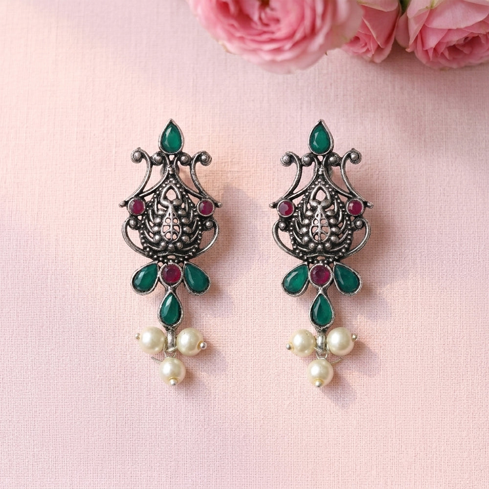 Flower motif hanging pearls dangler earring (Multicolored)