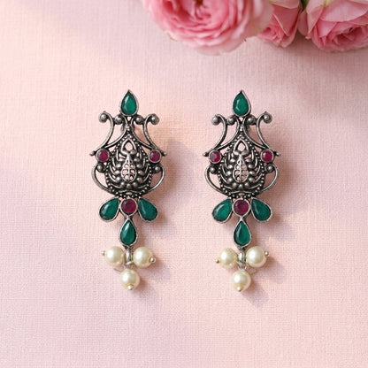 Flower motif hanging pearls dangler earring (Multicolored)
