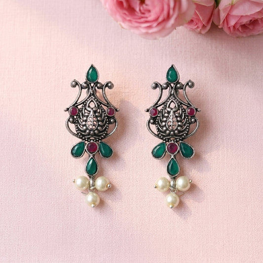 Flower motif hanging pearls dangler earring (Multicolored)