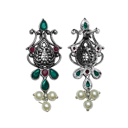 Flower motif hanging pearls dangler earring (Multicolored)