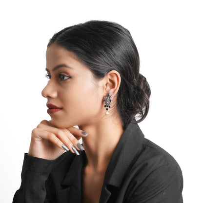 Flower motif hanging pearls dangler earring (Black)