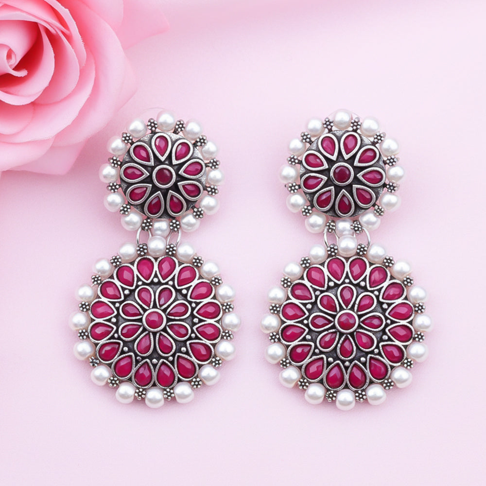 Double boho floral dangler earring (Red)