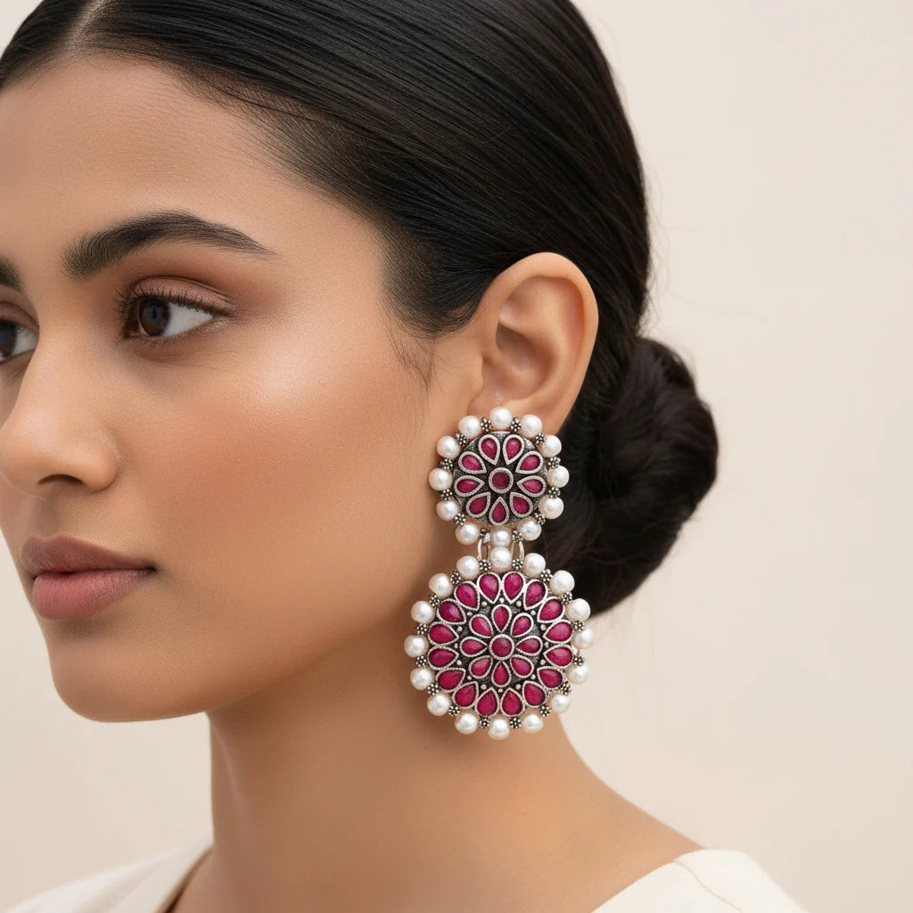 Peacock glow stone studded dangler & Double boho floral dangler Combo set