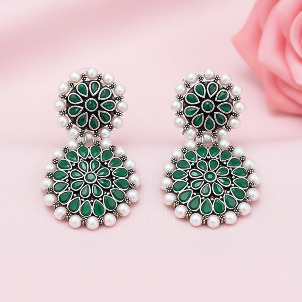 Double boho floral dangler earring (Green)