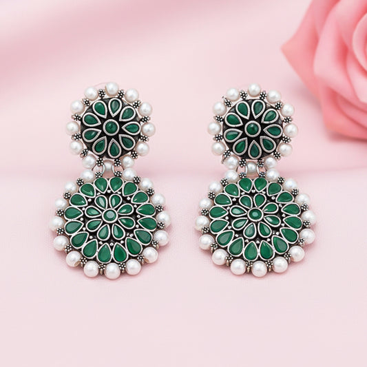 Double boho floral dangler earring (Green)