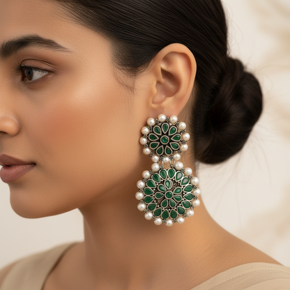 Double boho floral dangler earring (Green)