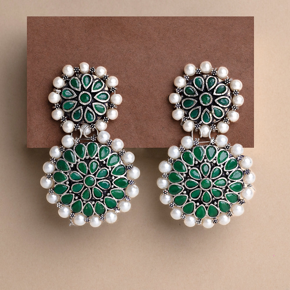 Double boho floral dangler earring (Green)