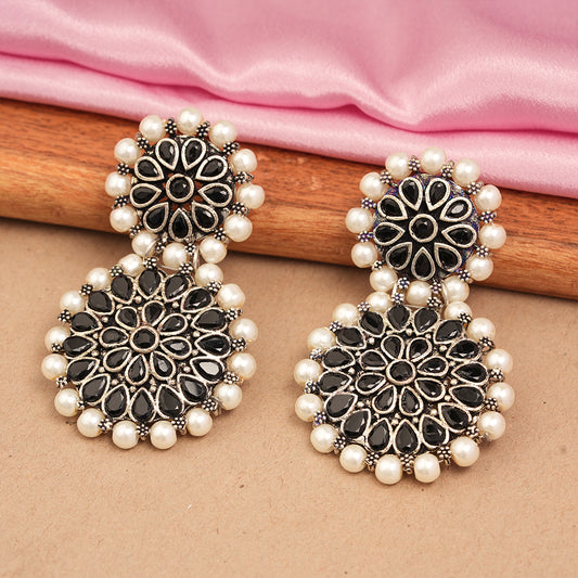 Double boho floral dangler earring (Black)