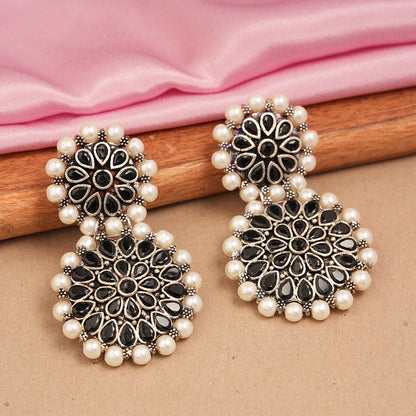 Double boho floral dangler earring (Black)