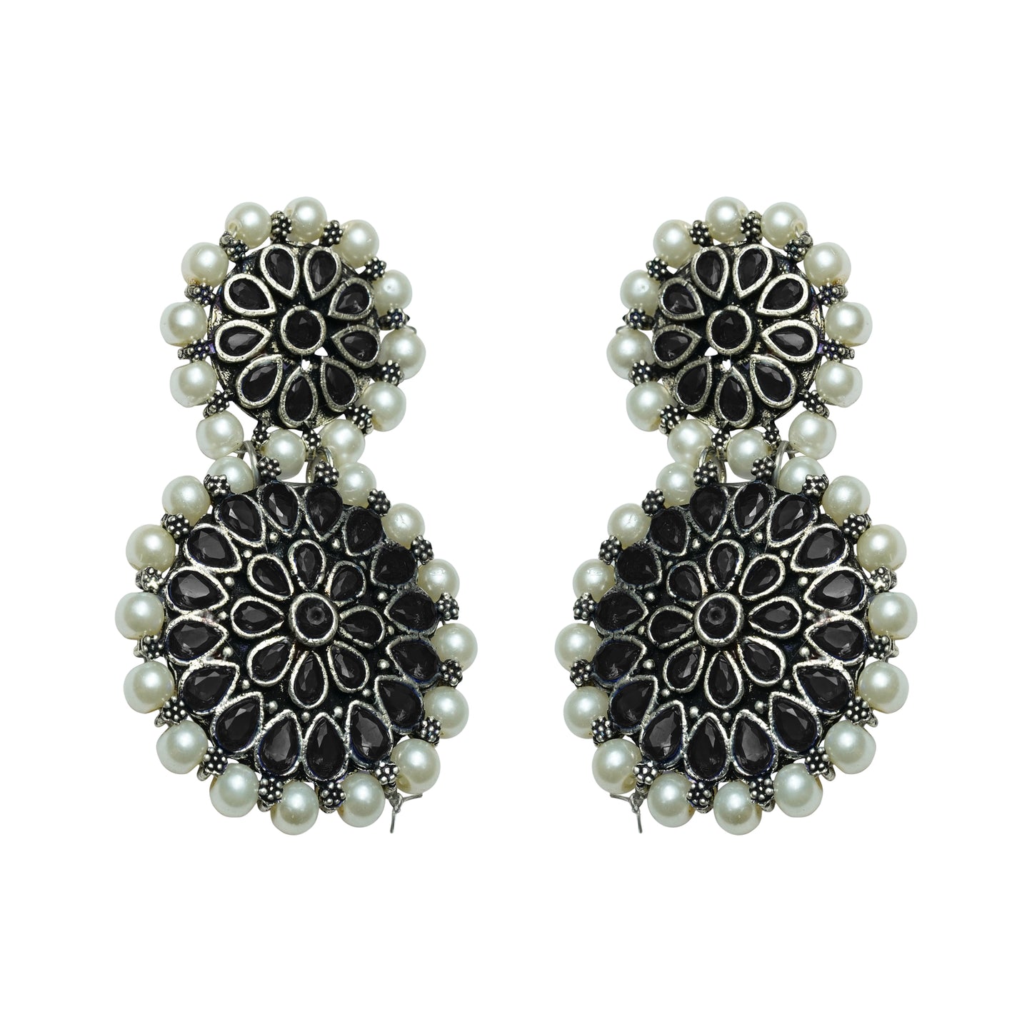 Double boho floral dangler earring (Black)