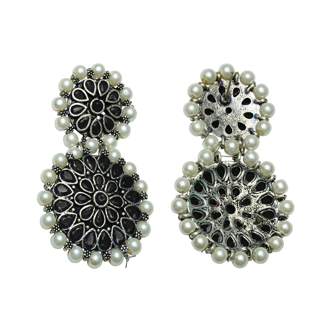Double boho floral dangler earring (Black)