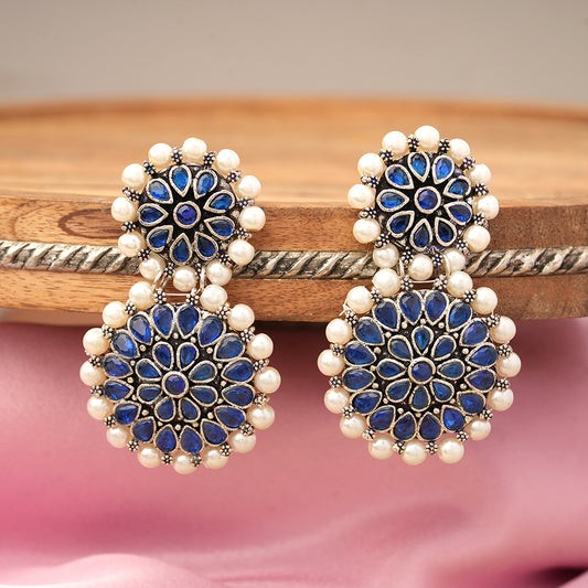Double boho floral dangler earring (Blue)