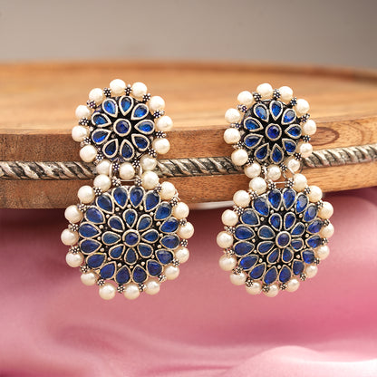 Double boho floral dangler earring (Blue)