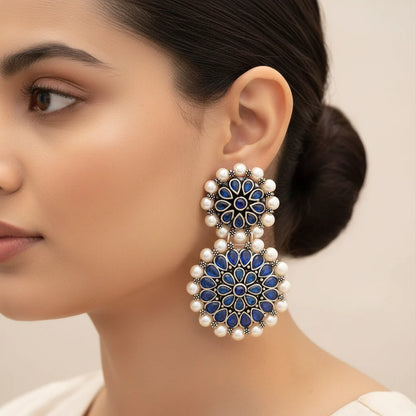 Peacock glow stone studded dangler & Double boho floral dangler Combo set
