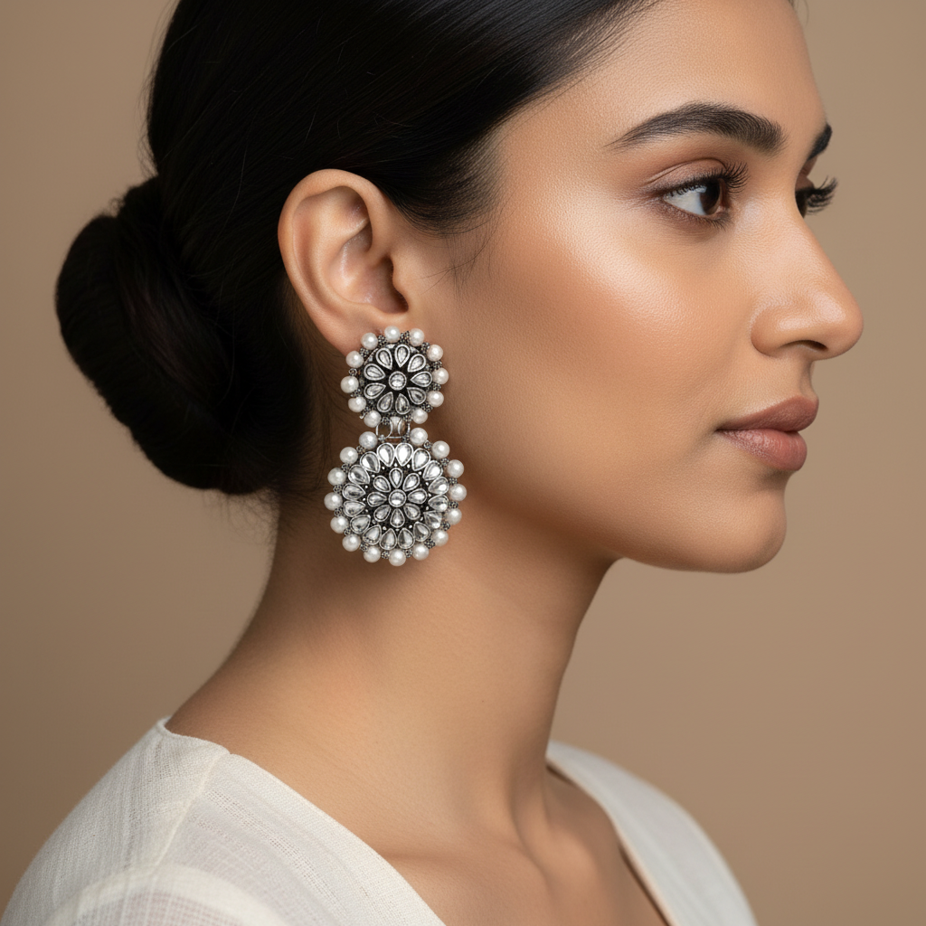 Double boho floral dangler earring (White)