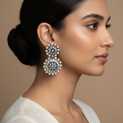 Double boho floral dangler earring (White)