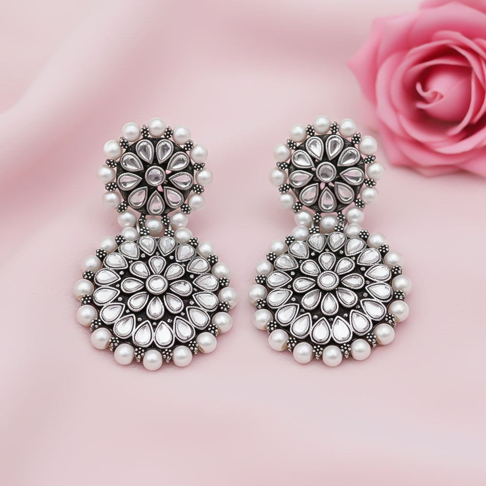Double boho floral dangler earring (White)