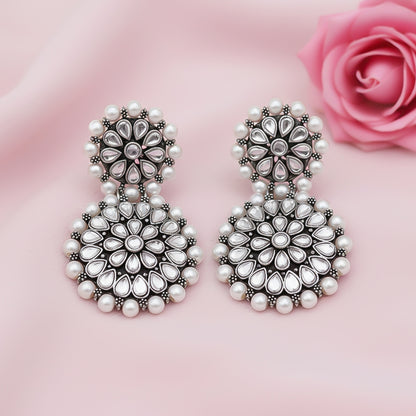 Double boho floral dangler earring (White)