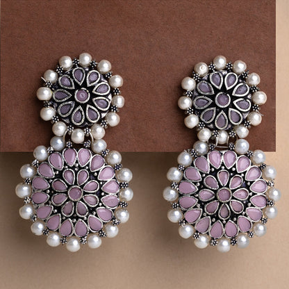 Double boho floral dangler earring (Baby Pink)