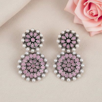Double boho floral dangler earring (Baby Pink)