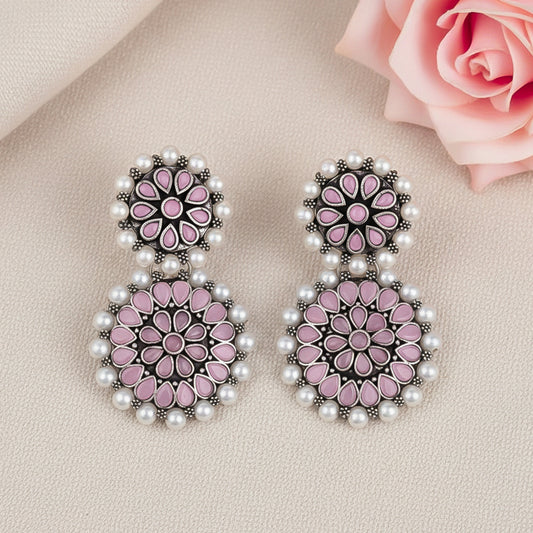 Double boho floral dangler earring (Baby Pink)