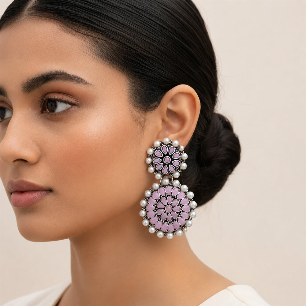 Peacock glow stone studded dangler & Double boho floral dangler Combo set