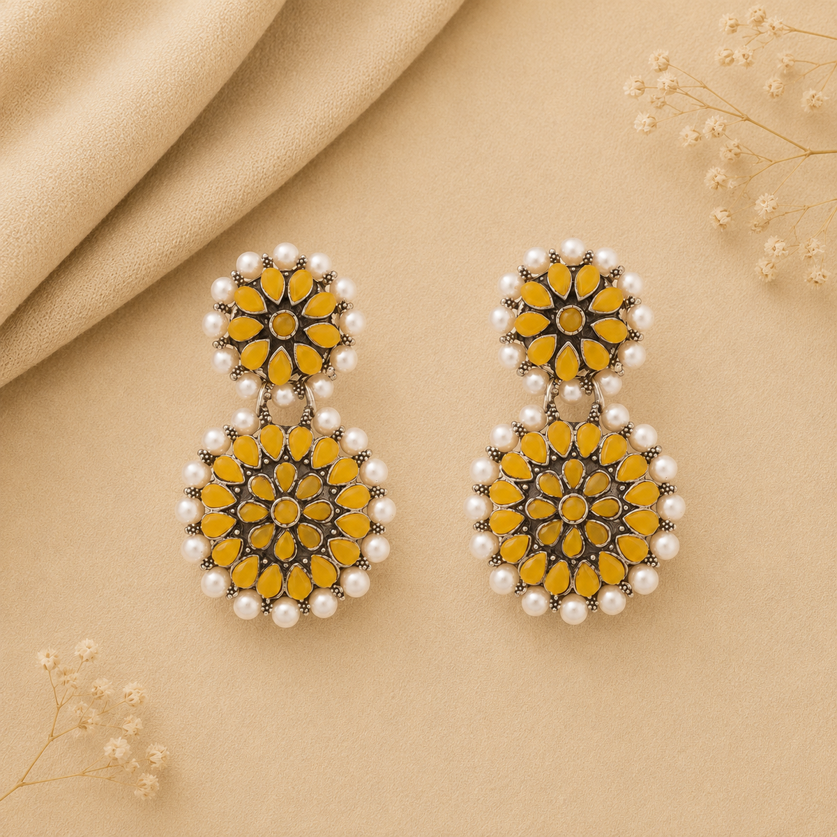 Double boho floral dangler earring (Yellow)