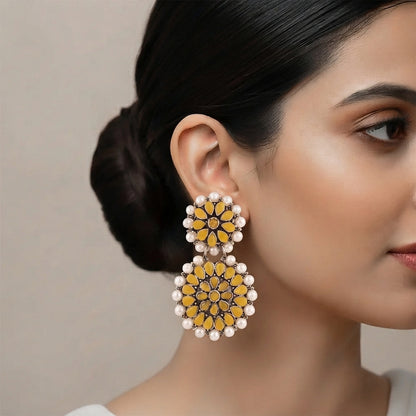 Double boho floral dangler earring (Yellow)