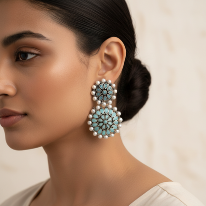 Evergreen earrings (Red) Double boho floral dangler earring (Mint) Combo set
