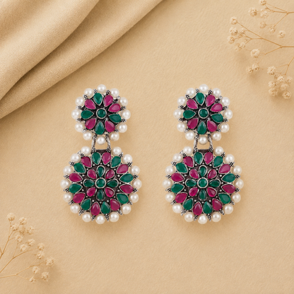 Double boho floral dangler earring (Multicolored)