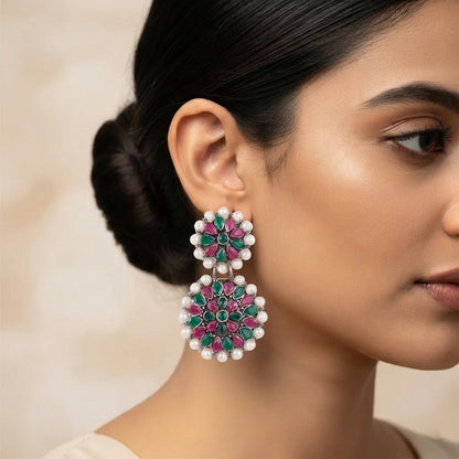 Double boho floral dangler earring (Multicolored)