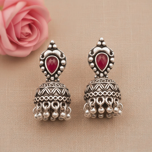 Jharokha stone studded jhumki earring (Red)