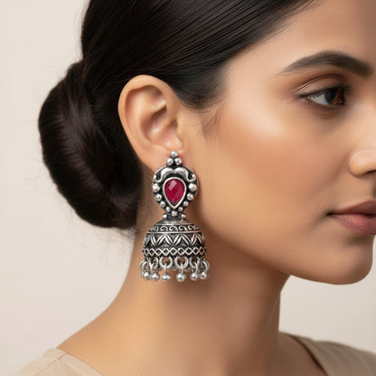 Jharokha stone studded jhumki earring (Red)
