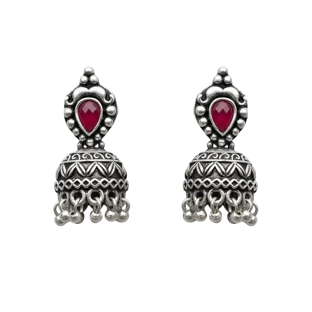 Jharokha stone studded jhumki earring (Red)