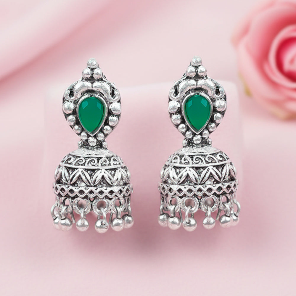 Jharokha stone studded jhumki earring (Green)