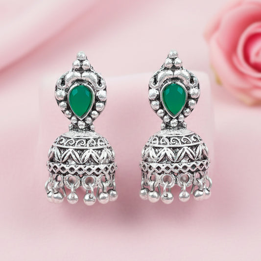 Jharokha stone studded jhumki earring (Green)