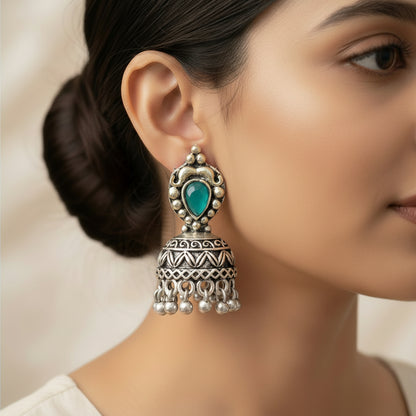 Jharokha stone studded jhumki earring (Green)