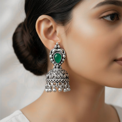 Jharokha stone studded jhumki earring (Green)