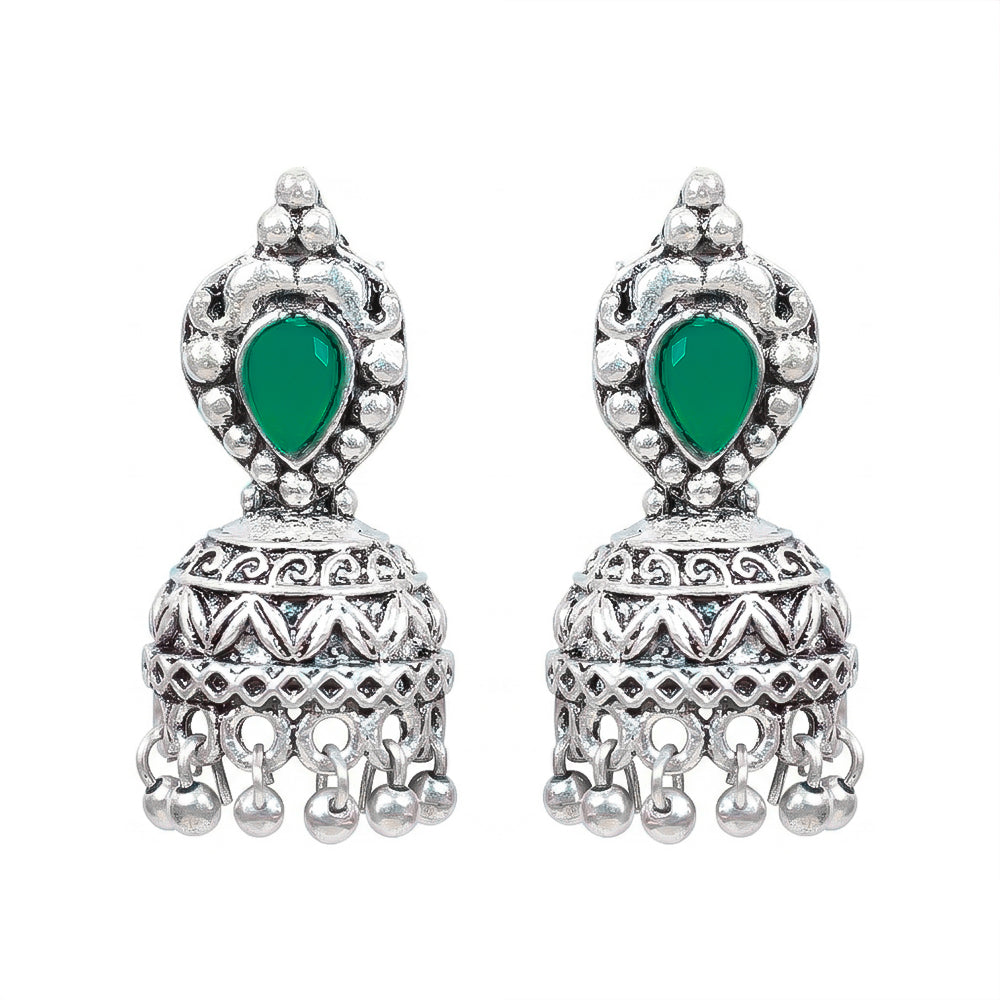 Jharokha stone studded jhumki earring (Green)