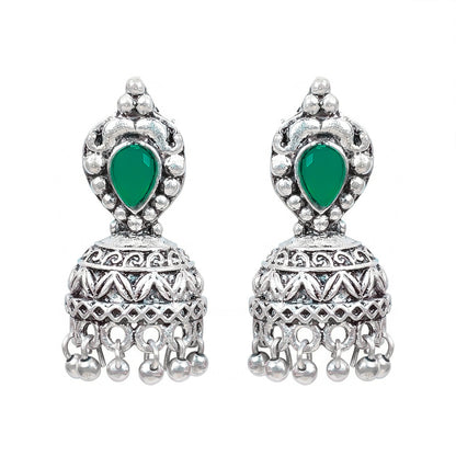 Jharokha stone studded jhumki earring (Green)
