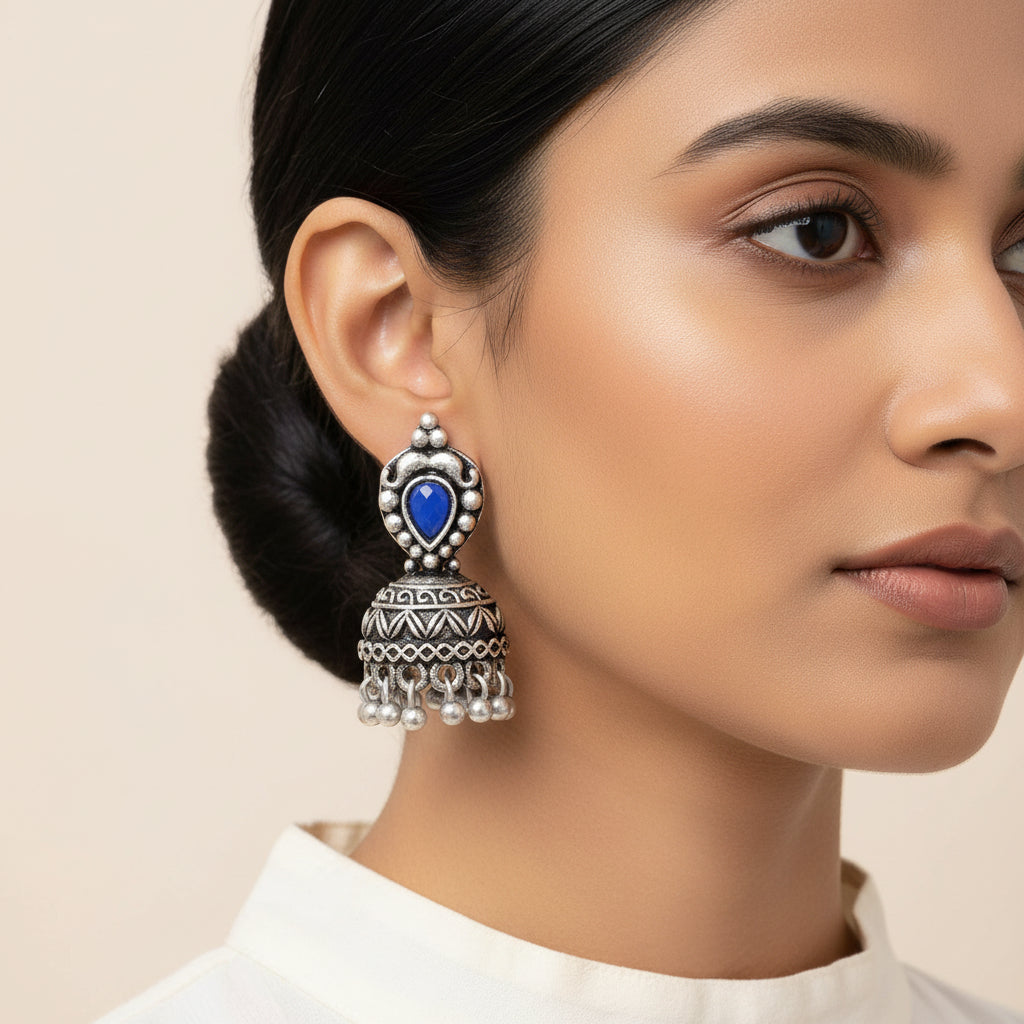 Jharokha stone studded jhumki earring (Blue)