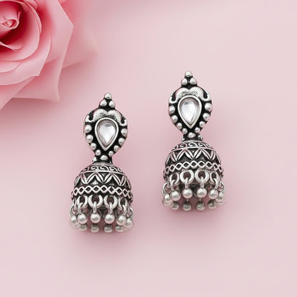 Jharokha stone studded jhumki earring (White)