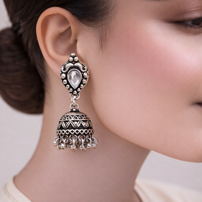 Jharokha stone studded jhumki earring (White)
