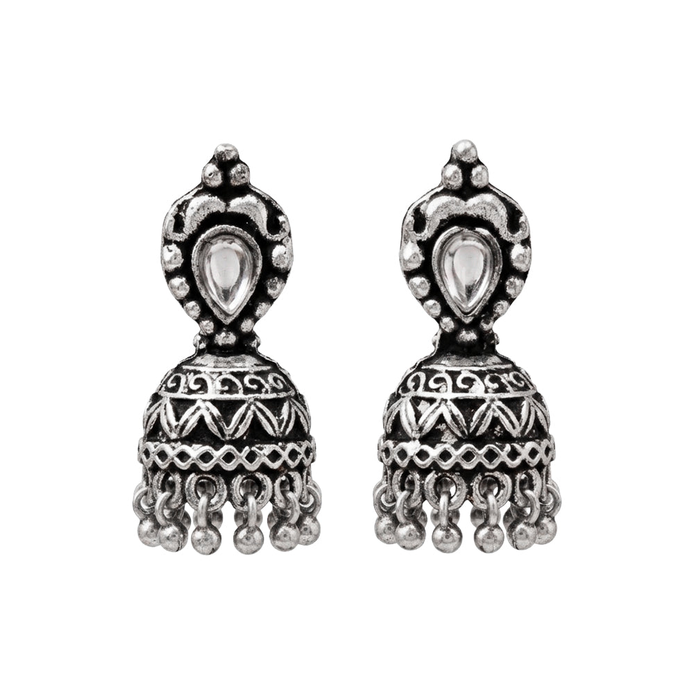 Jharokha stone studded jhumki earring (White)