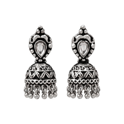 Jharokha stone studded jhumki earring (White)