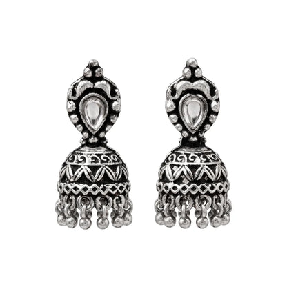 Peacock glow stone studded dangler earrings (White) Jharokha stone studded jhumki earring (White) Combo set