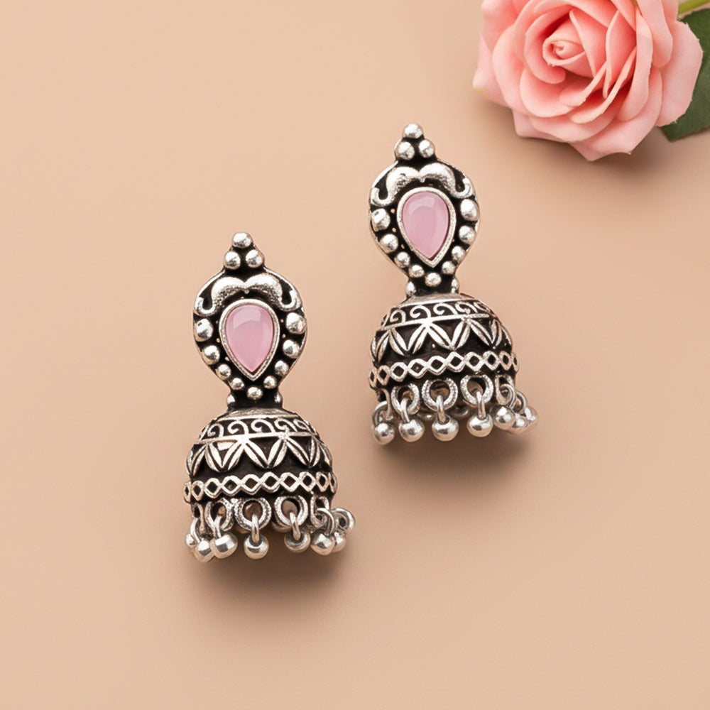 Jharokha stone studded jhumki earring (Baby Pink)