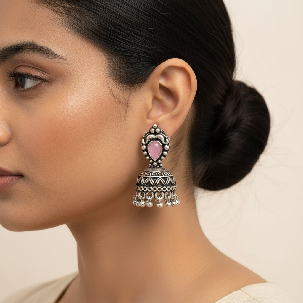 Jharokha stone studded jhumki earring (Baby Pink)